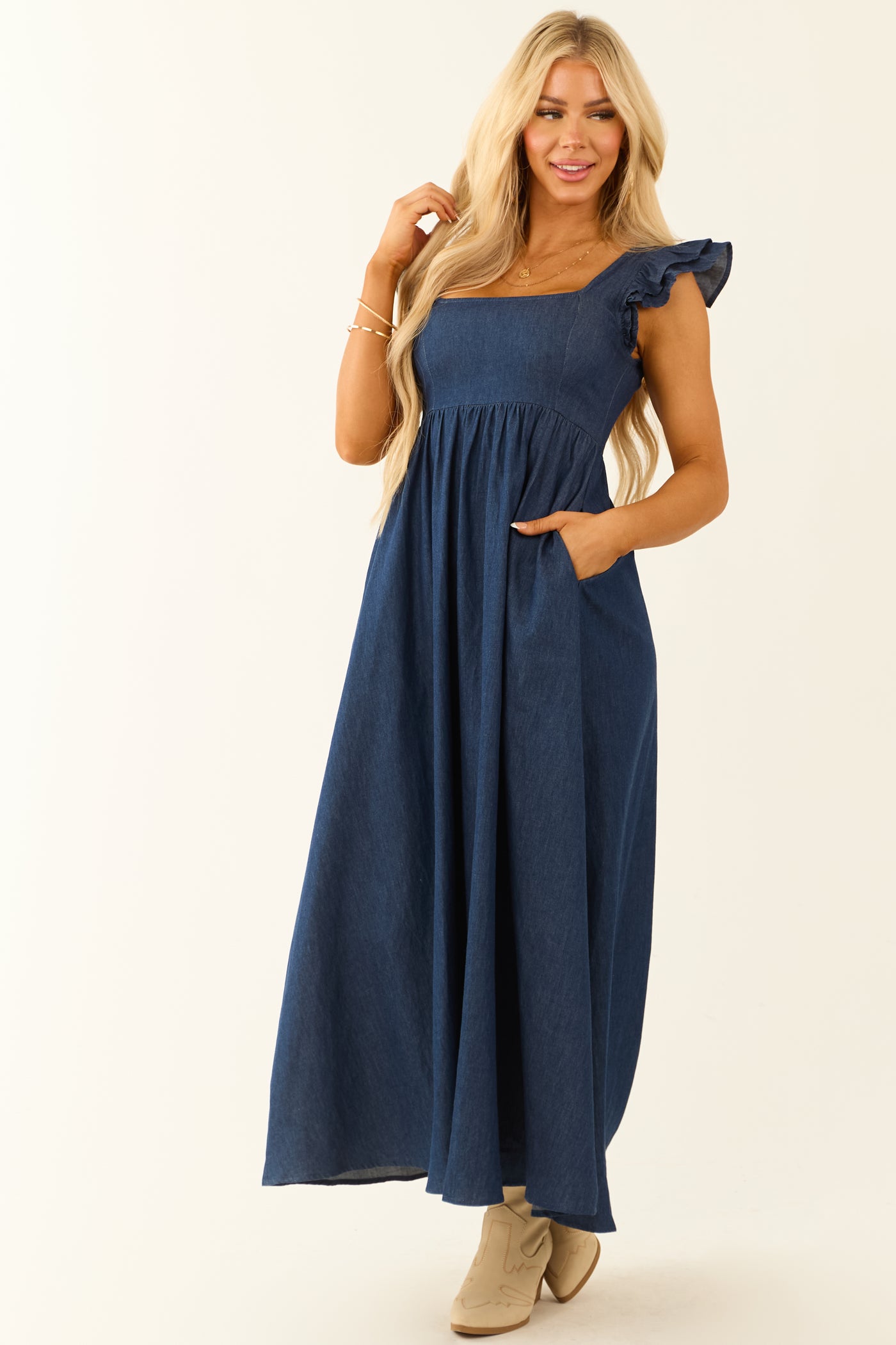 Chambray Ruffle Sleeve Babydoll Midi Dress