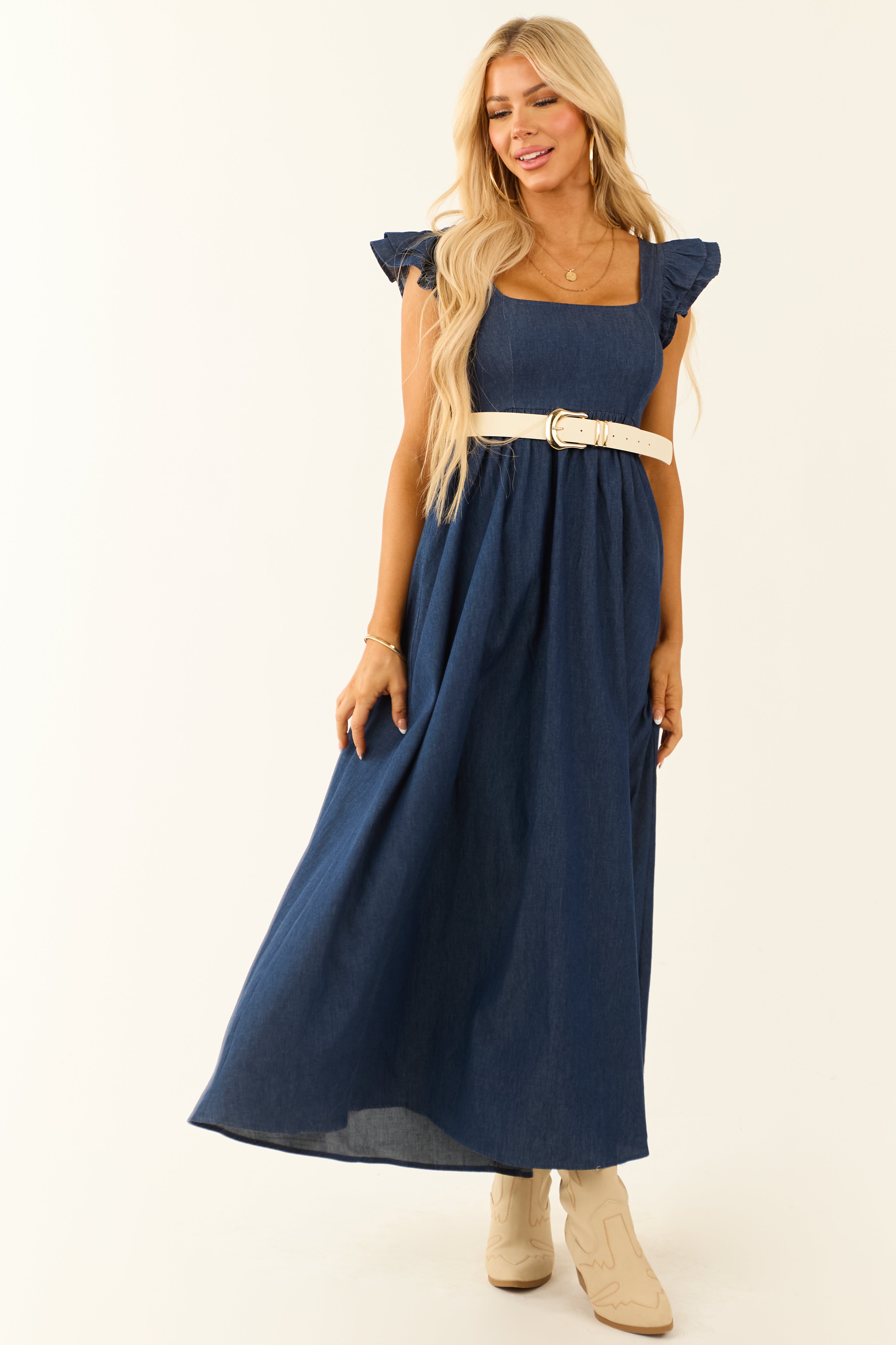 Chambray Ruffle Sleeve Babydoll Midi Dress