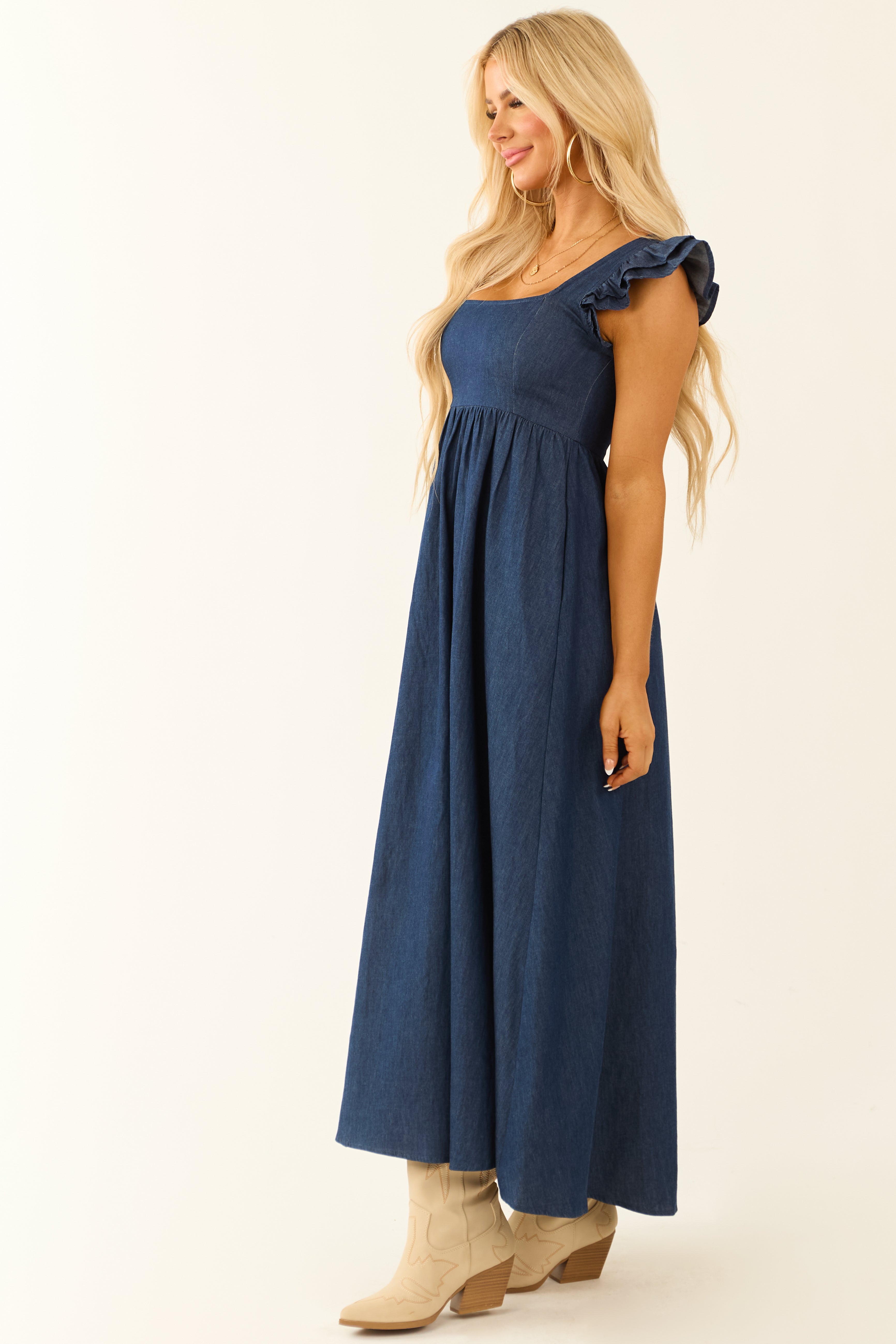 Chambray Ruffle Sleeve Babydoll Midi Dress