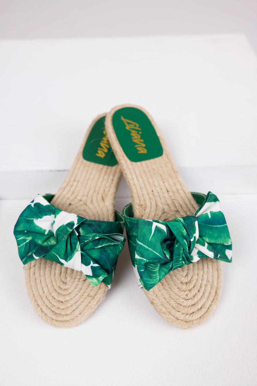 Palm Print Bow Strap Flat Espadrille Sandals