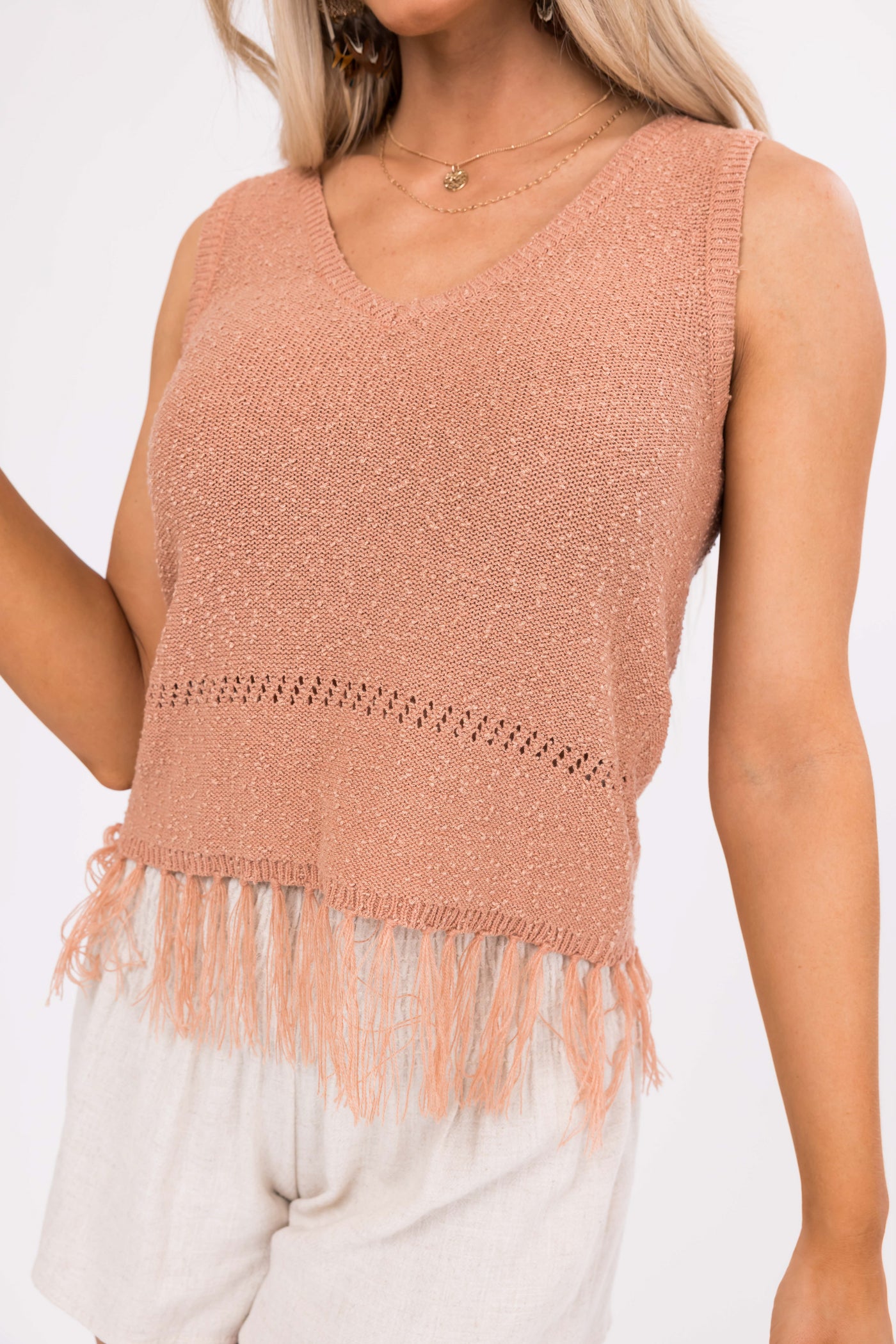 Papaya Fringe Hem V Neck Knit Tank Top