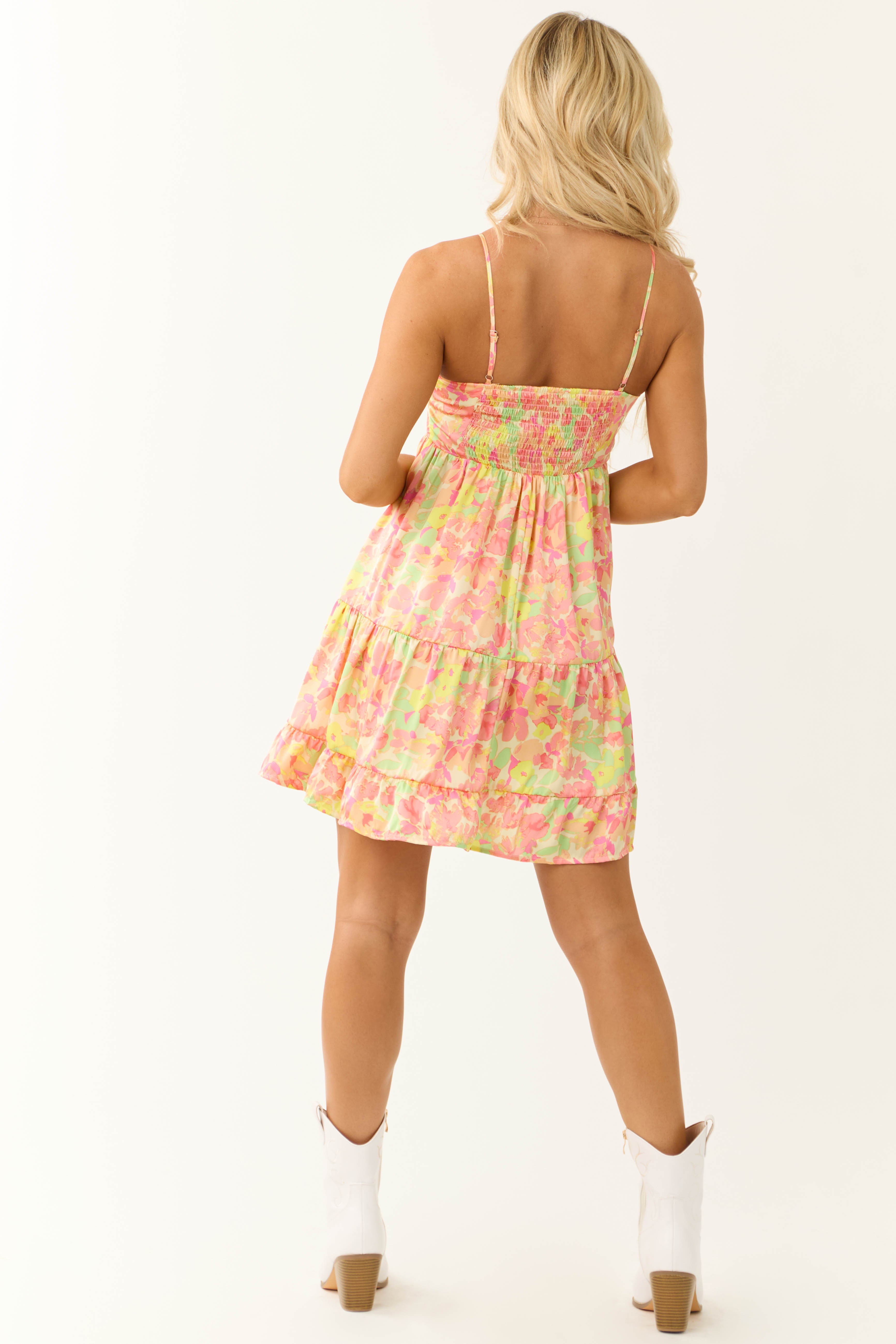 Pastel Yellow Floral Print Satin Mini Dress