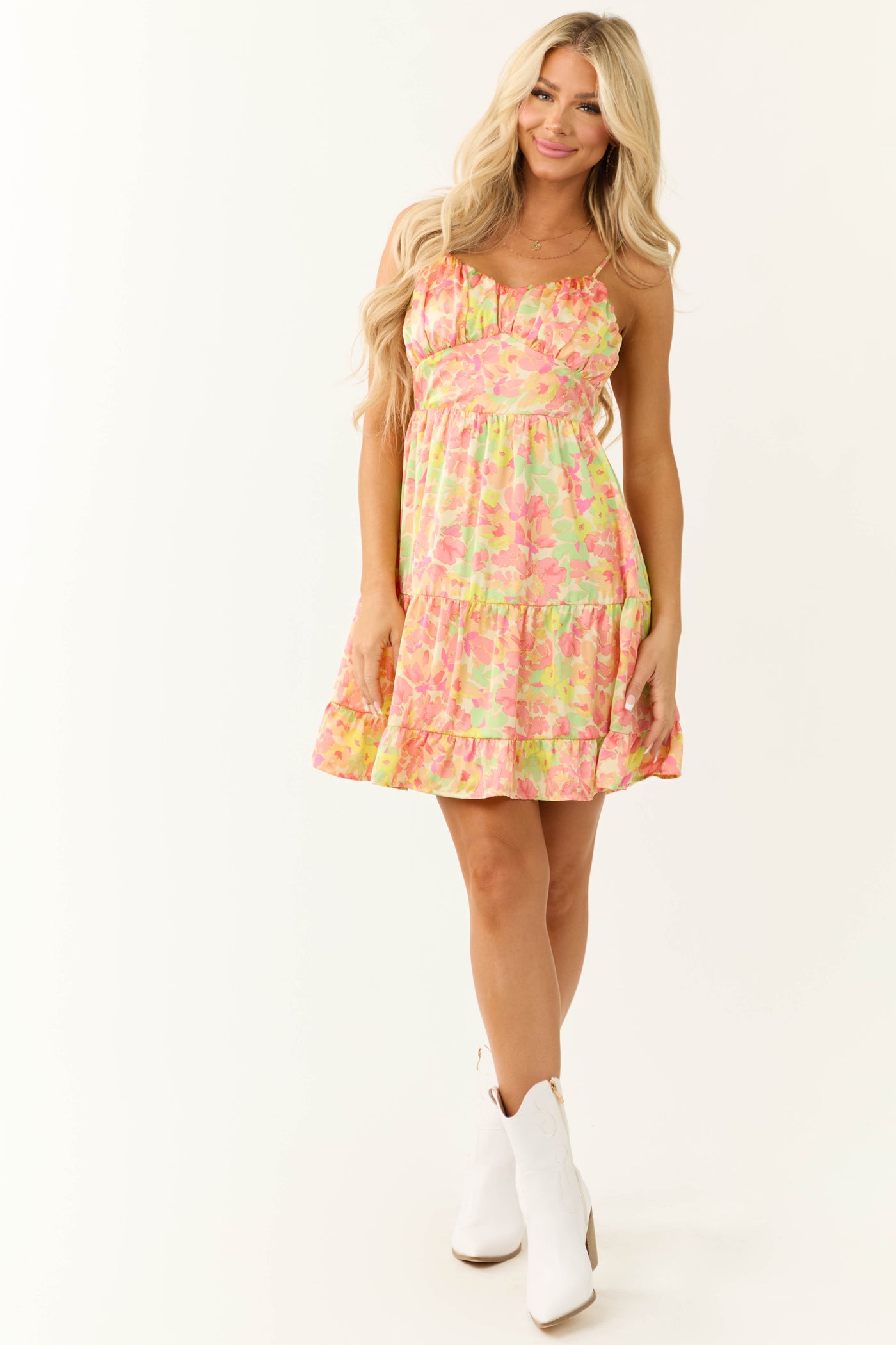 Pastel Yellow Floral Print Satin Mini Dress