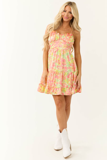 Pastel Yellow Floral Print Satin Mini Dress