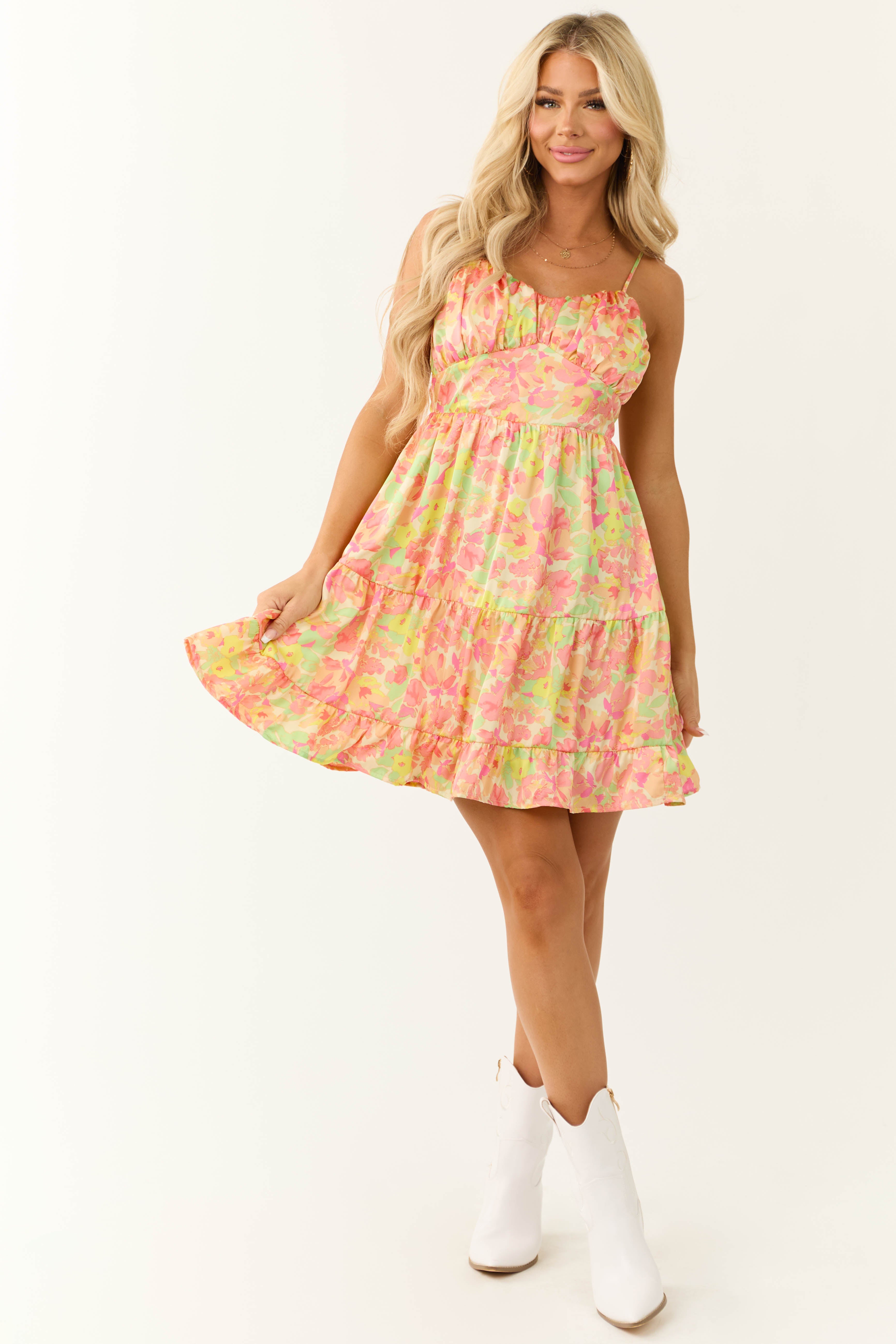 Pastel Yellow Floral Print Satin Mini Dress