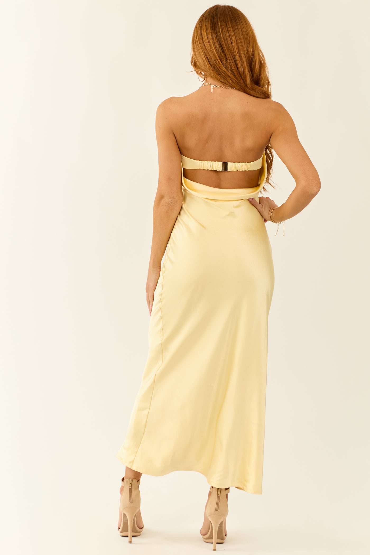 Pastel Yellow Satin Slip Strapless Maxi Dress