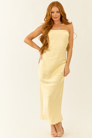 Pastel Yellow Satin Slip Strapless Maxi Dress