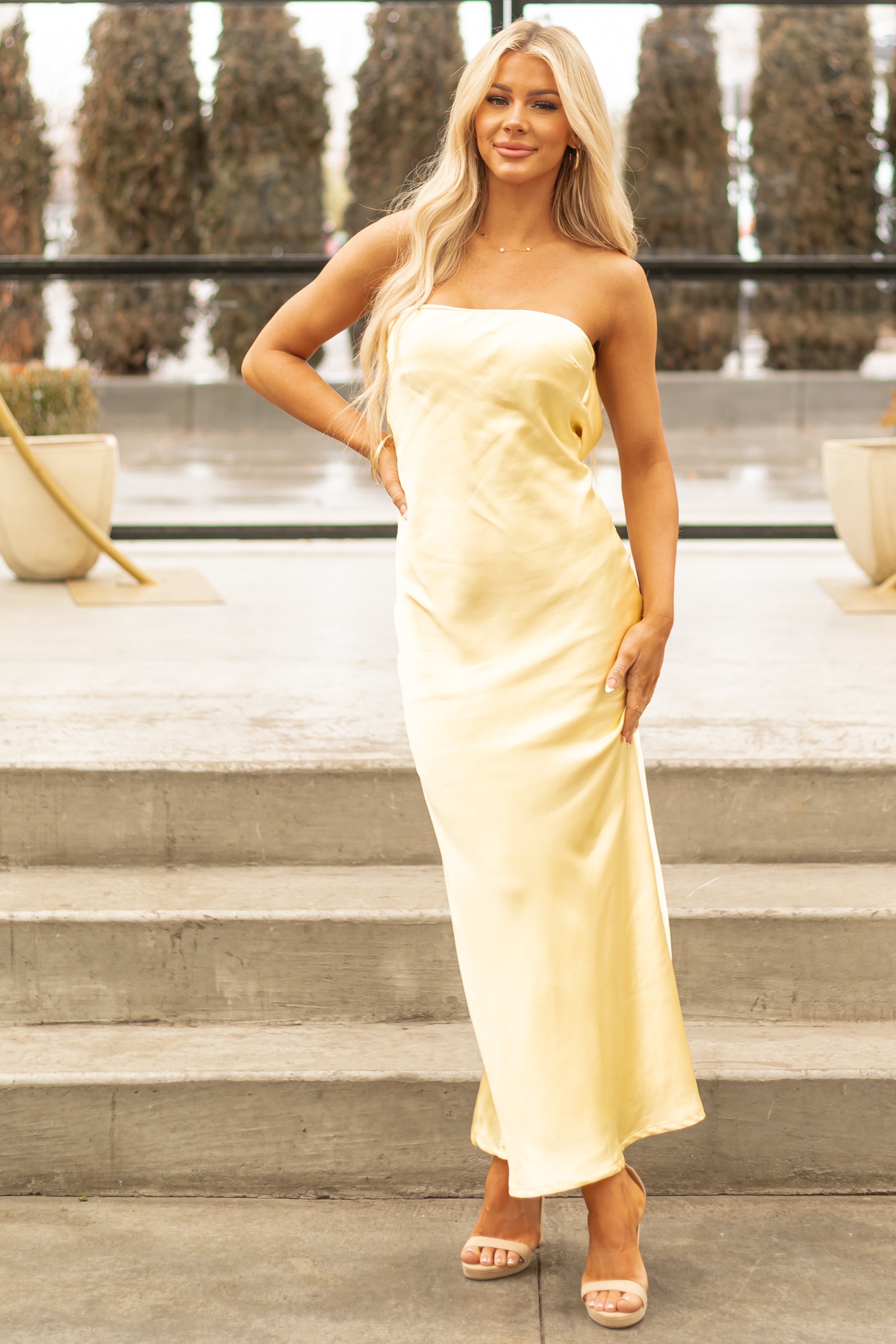 Pastel Yellow Satin Slip Strapless Maxi Dress