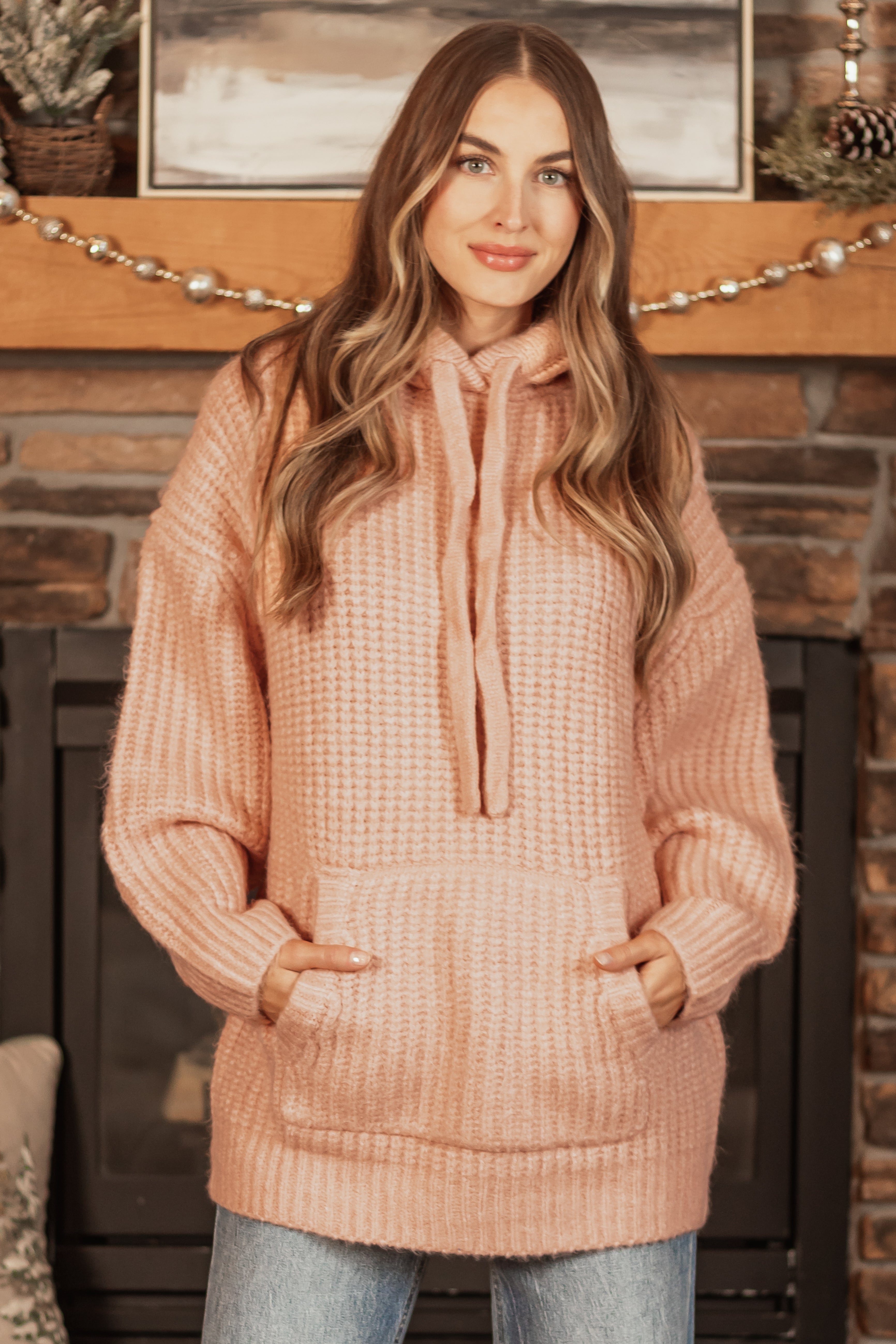 Peach Chunky Soft Knit Oversized Hoodie