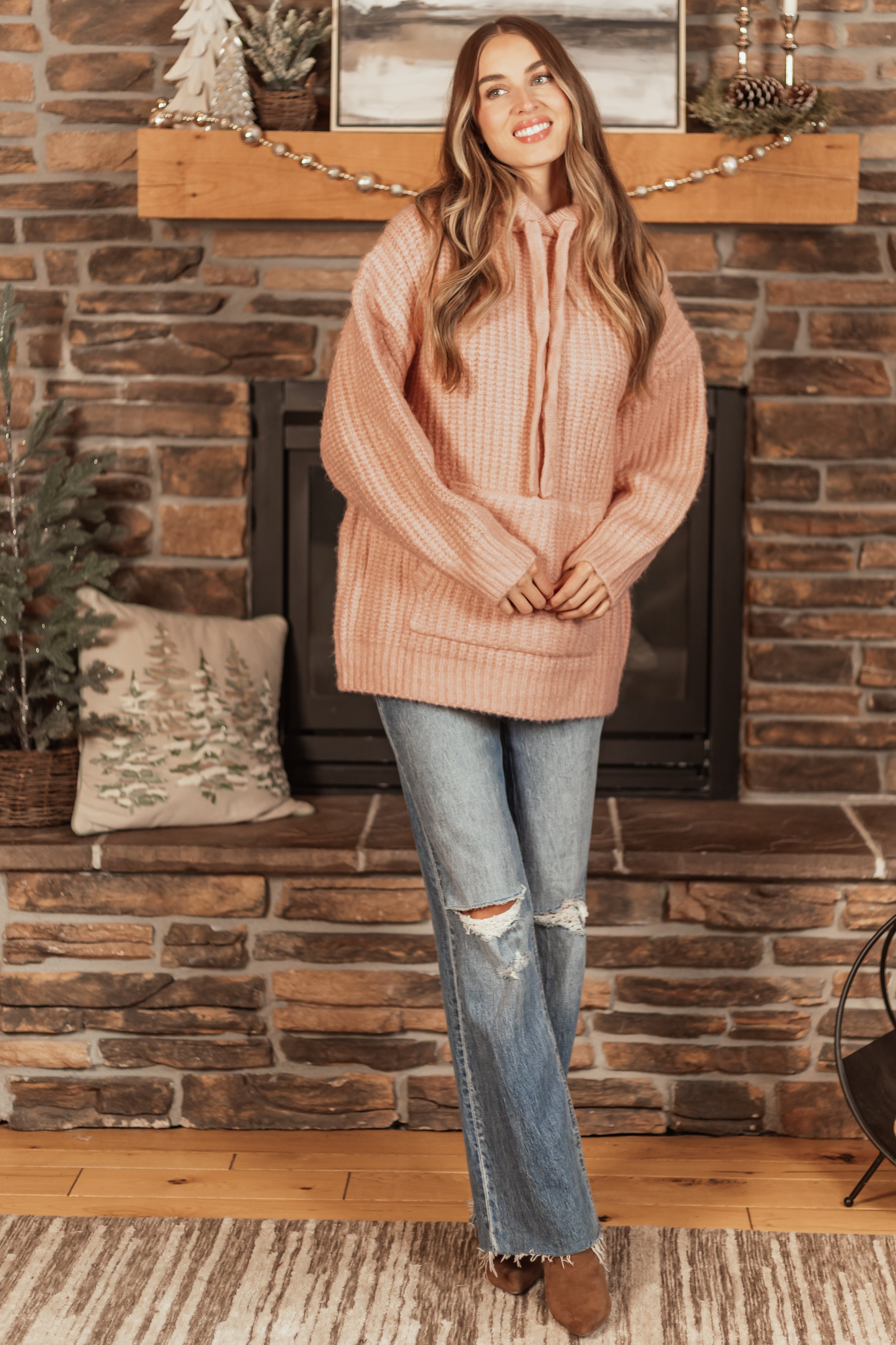 Peach Chunky Soft Knit Oversized Hoodie