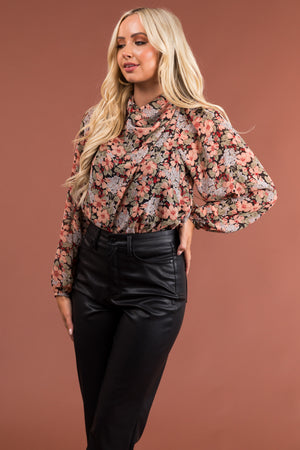 Peach Floral Print Long Sleeve Woven Blouse