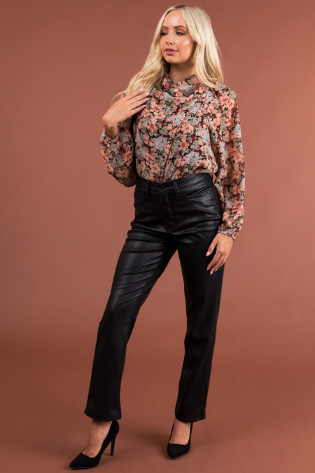 Peach Floral Print Long Sleeve Woven Blouse