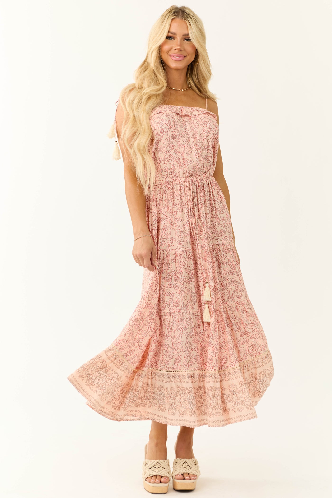 Peach Floral Print Sleeveless Maxi Dress