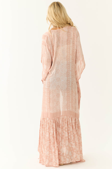 Peach Paisley Print Ruffle 3/4 Sleeve Kimono