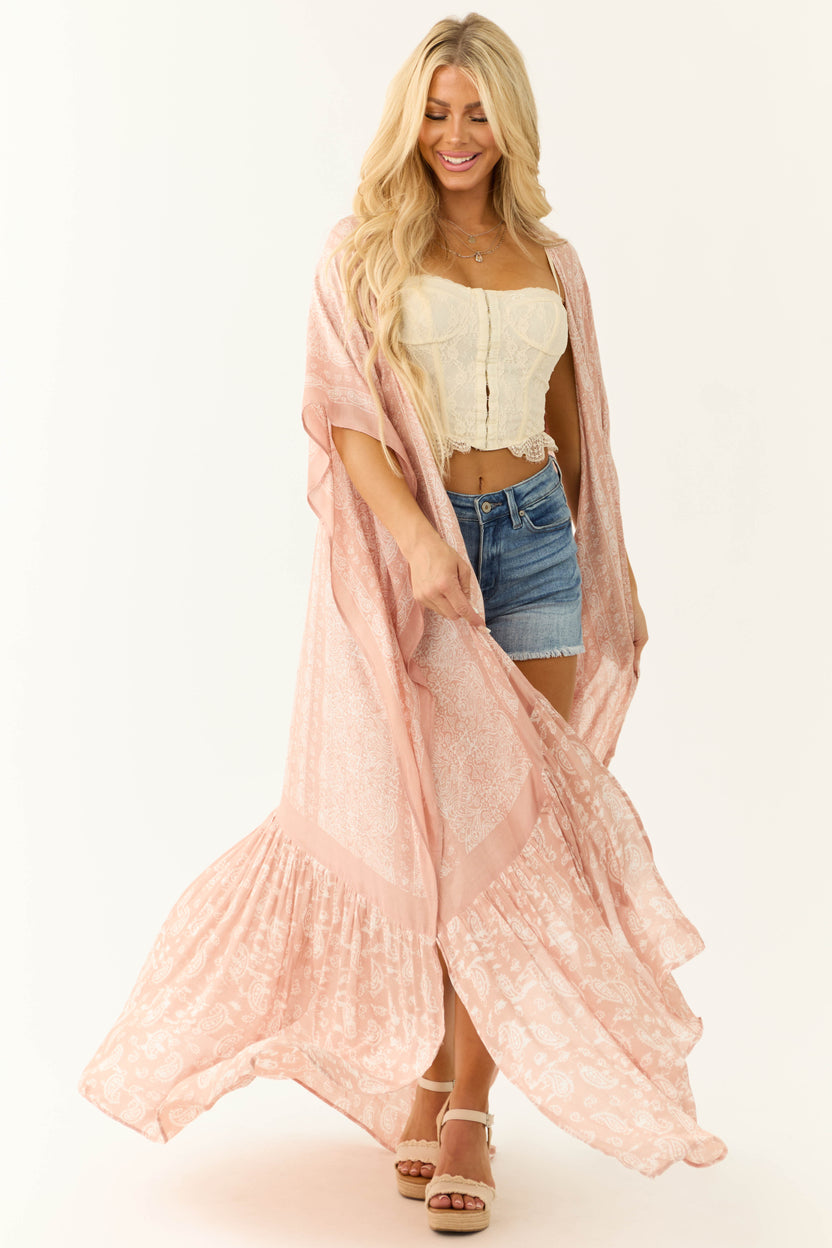 Peach Paisley Print Ruffle 3/4 Sleeve Kimono