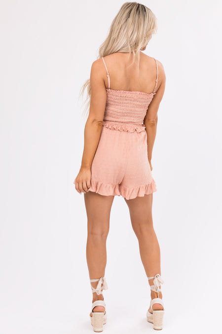 Peach Swiss Dot Smocked Sleeveless Romper