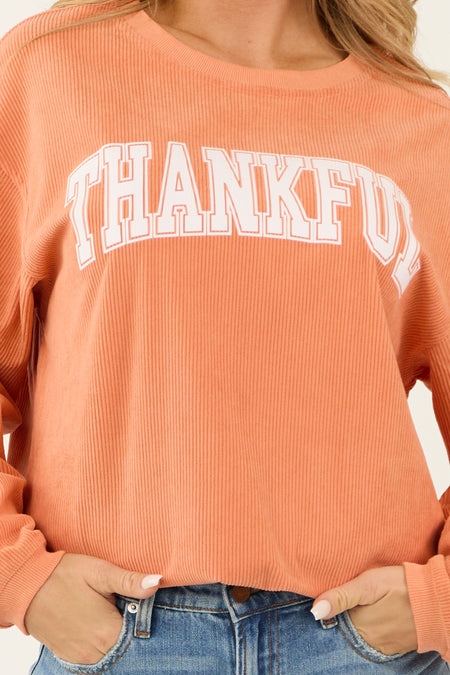 Peach 'Thankful' Ribbed Long Sleeve Sweatshirt