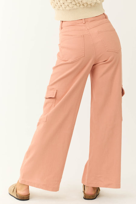 Peach Twill Wide Leg High Waisted Cargo Pants