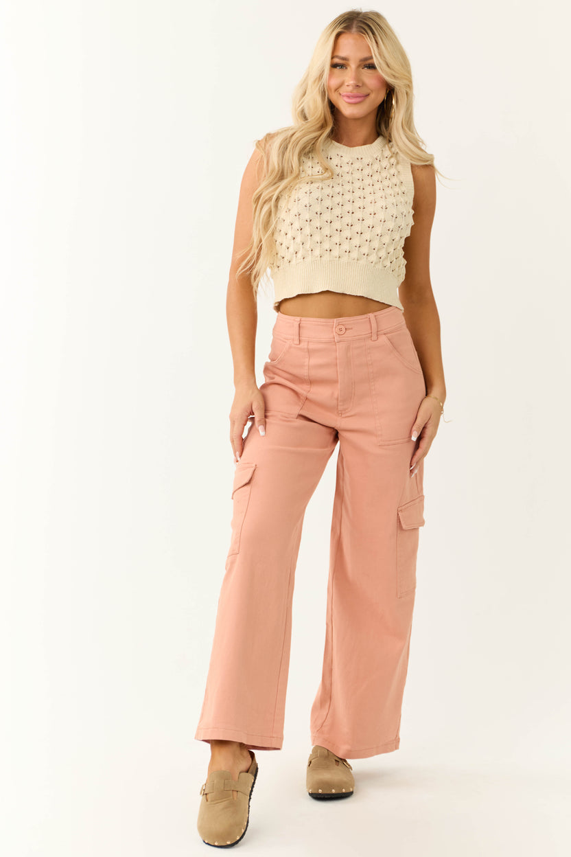 Peach Twill Wide Leg High Waisted Cargo Pants