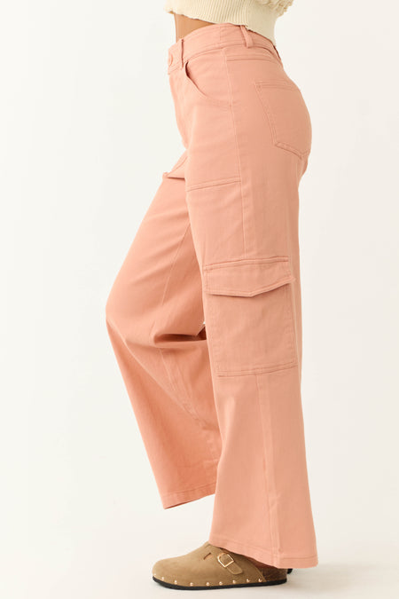 Peach Twill Wide Leg High Waisted Cargo Pants