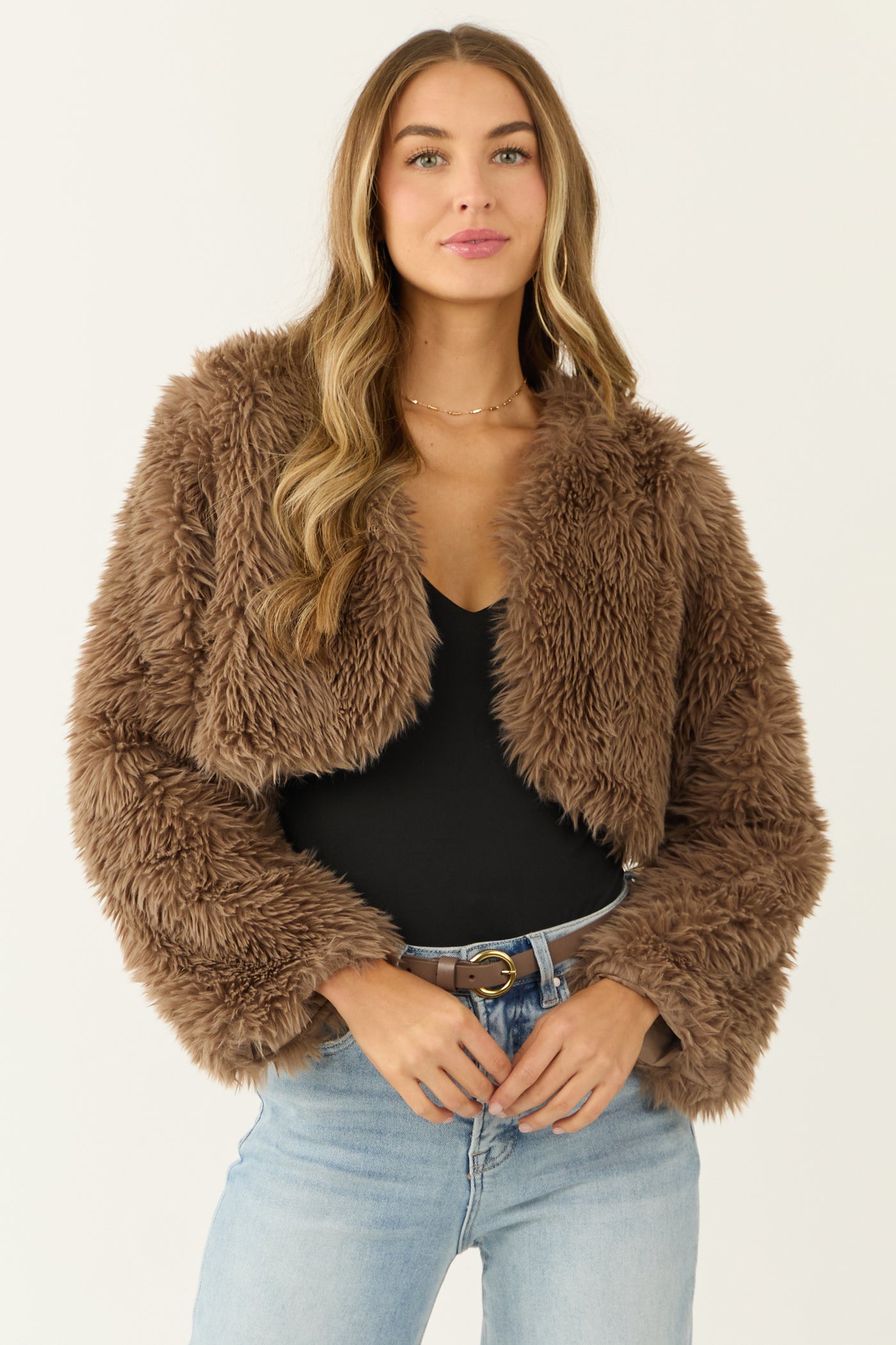 Peanut Faux Fur Long Sleeve Crop Jacket