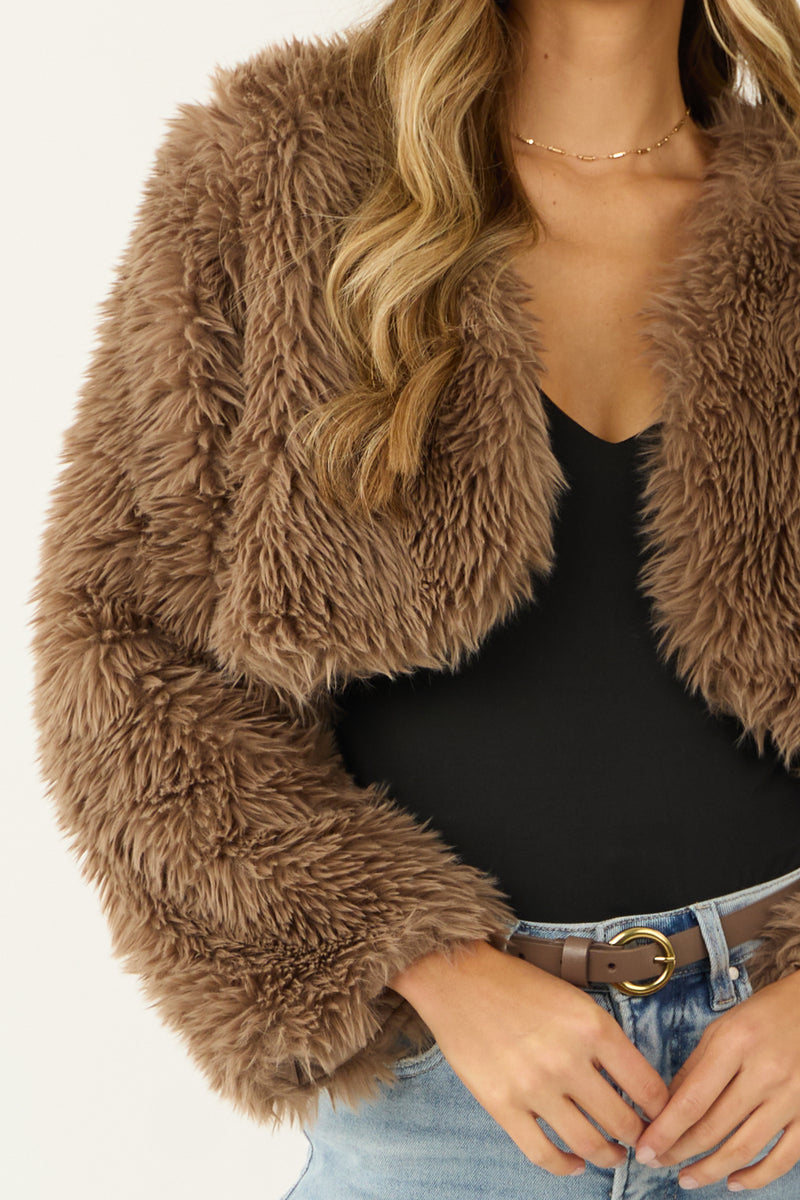 Peanut Faux Fur Long Sleeve Crop Jacket