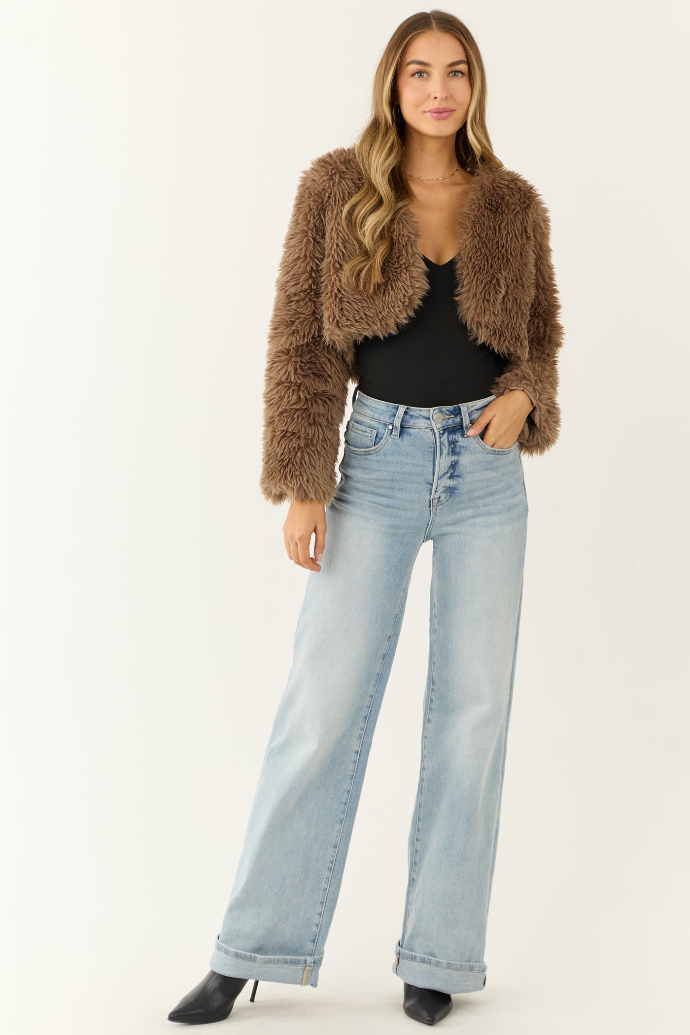 Peanut Faux Fur Long Sleeve Crop Jacket