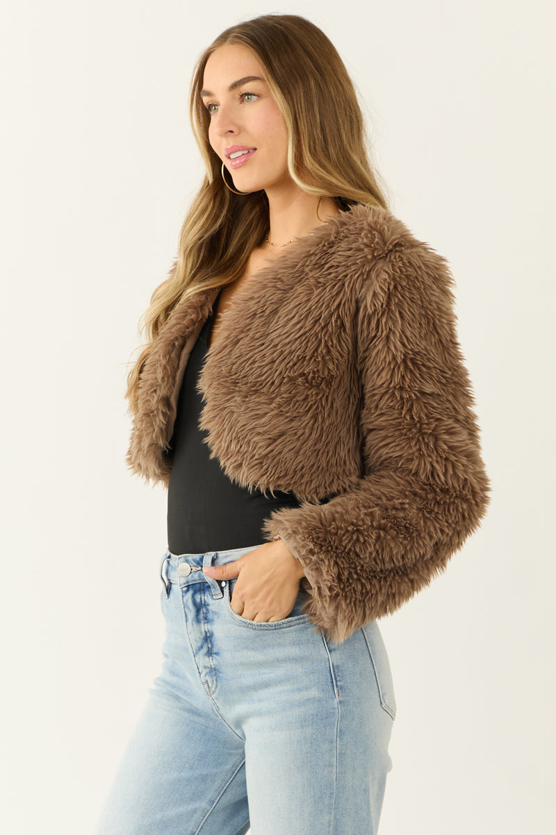 Peanut Faux Fur Long Sleeve Crop Jacket