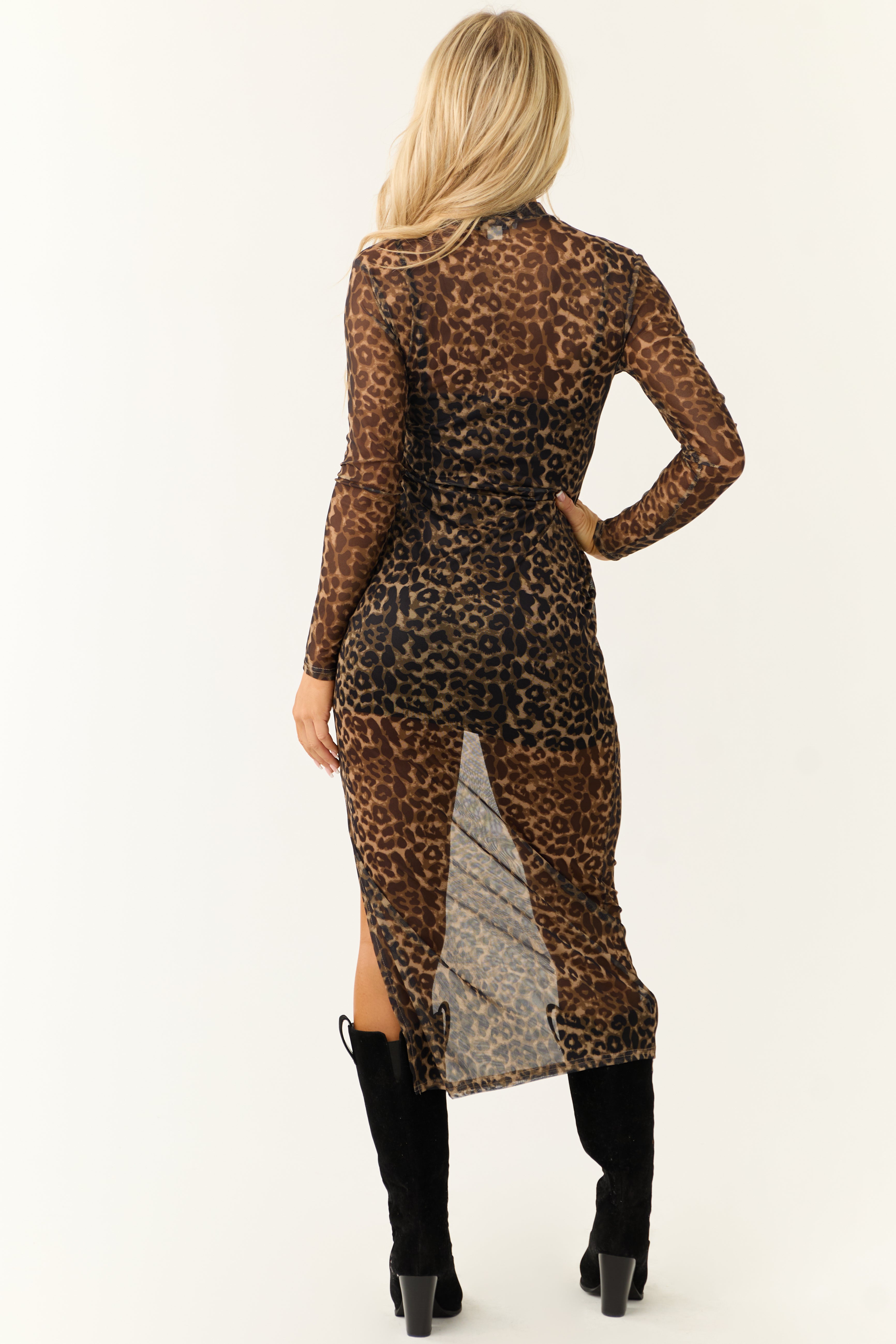 Peanut Leopard Print Mesh Fitted Maxi Dress