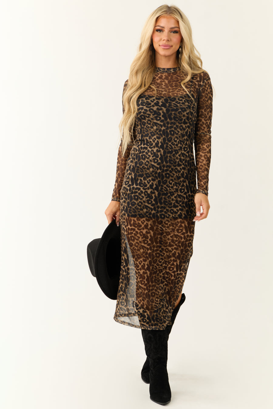 Peanut Leopard Print Mesh Fitted Maxi Dress