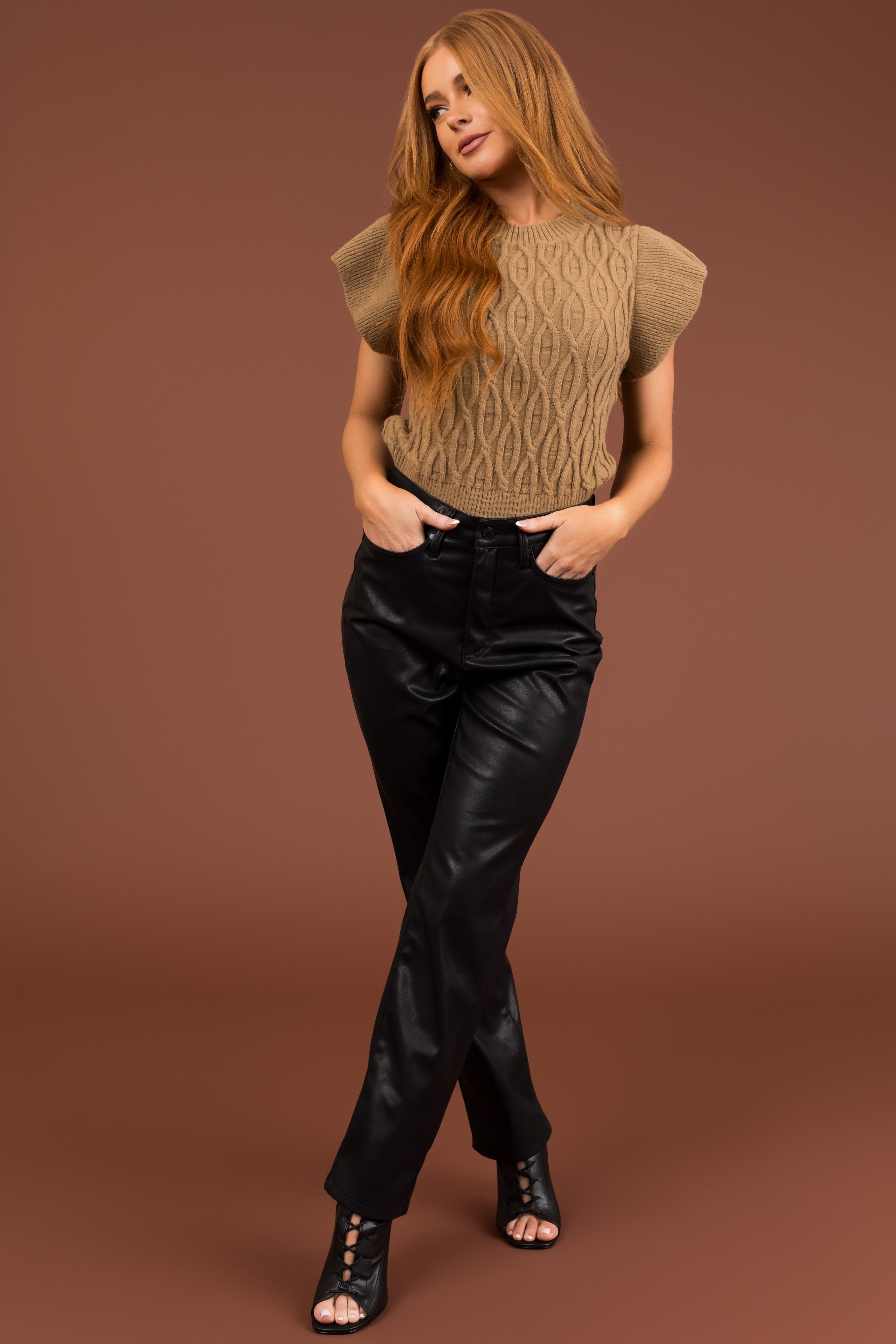 Peanut Short Sleeve Cable Knit Sweater