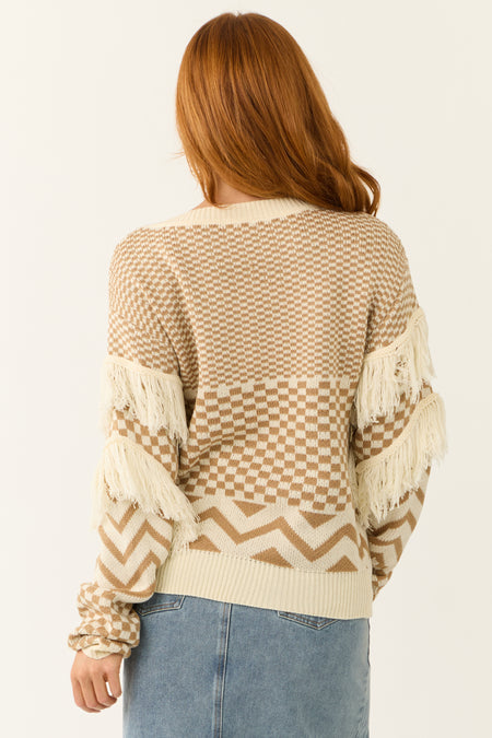 Peanut and Cream Printed Fringe Sweater