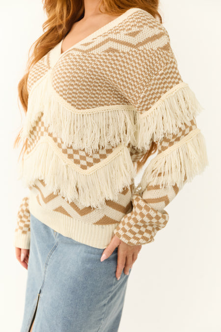 Peanut and Cream Printed Fringe Sweater