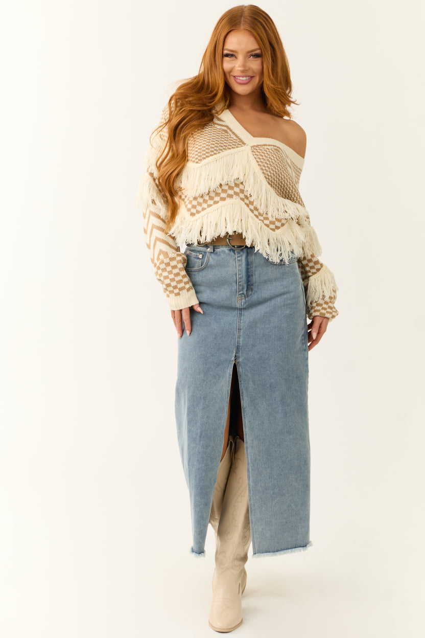 Peanut and Cream Printed Fringe Sweater