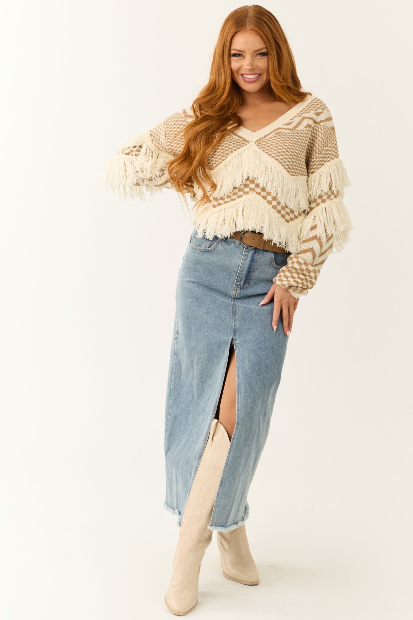 Peanut and Cream Printed Fringe Sweater