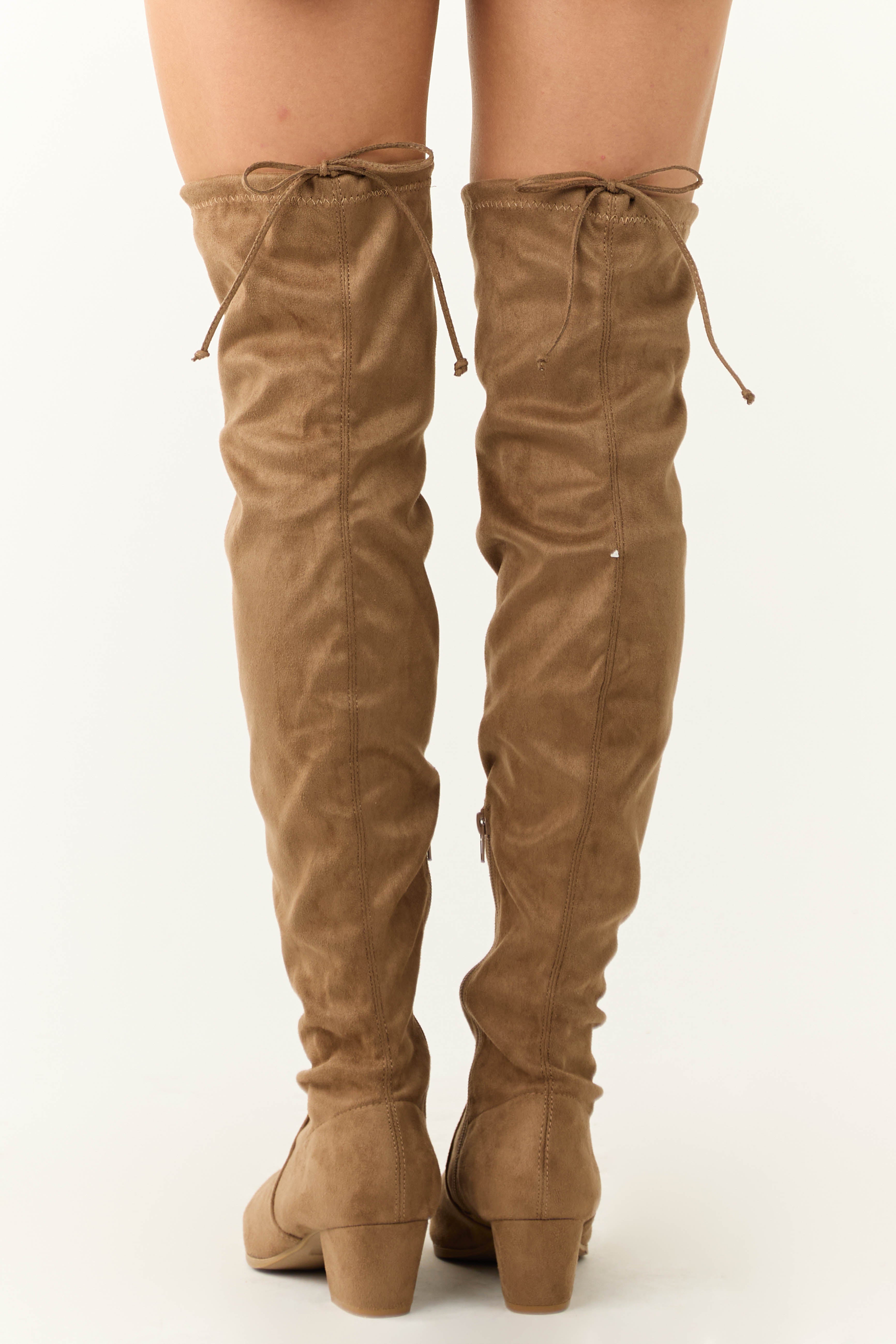 Peanut Faux Suede Drawstring Thigh High Boots