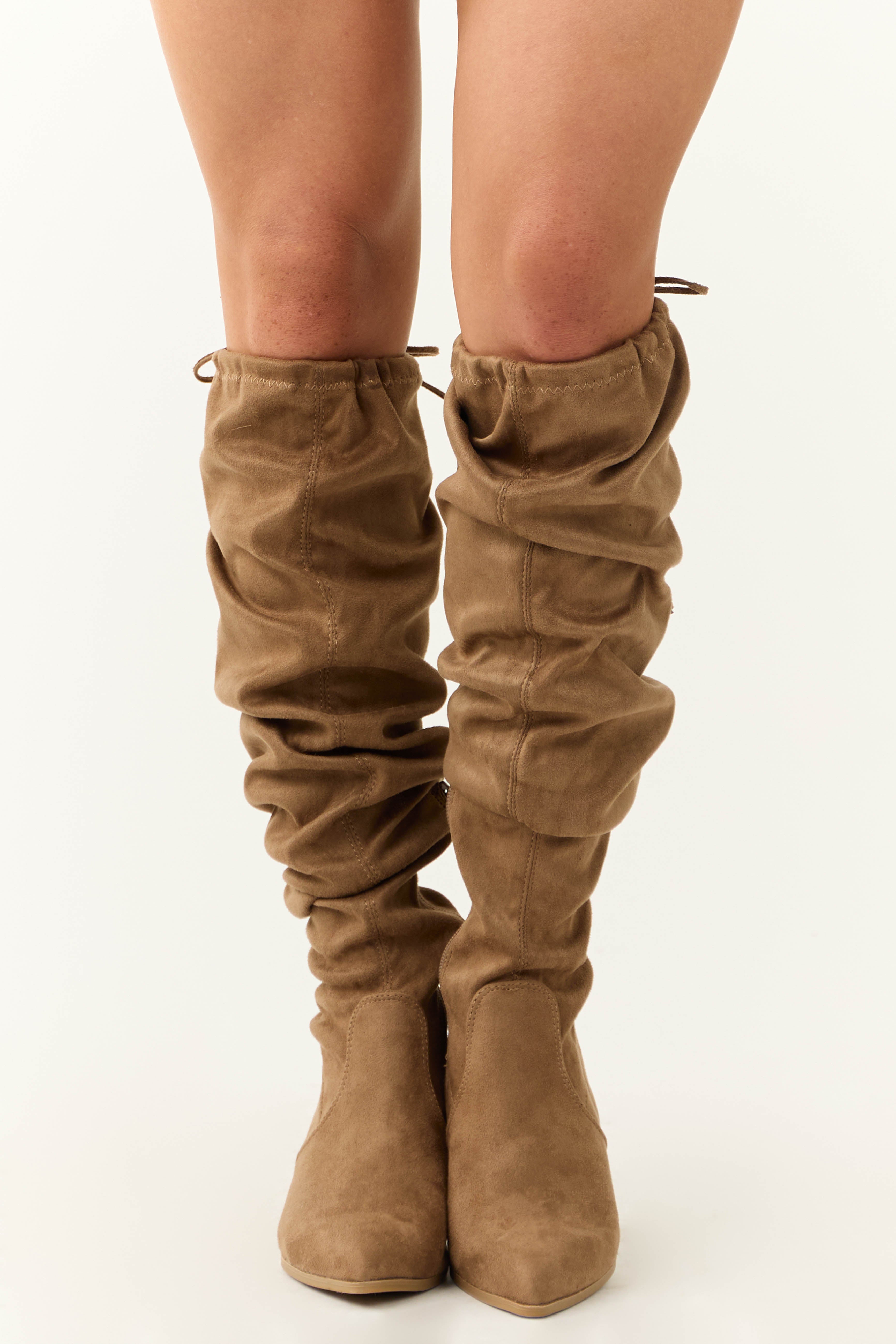 Peanut Faux Suede Drawstring Thigh High Boots