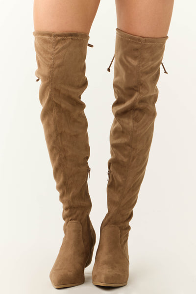 Peanut Faux Suede Drawstring Thigh High Boots