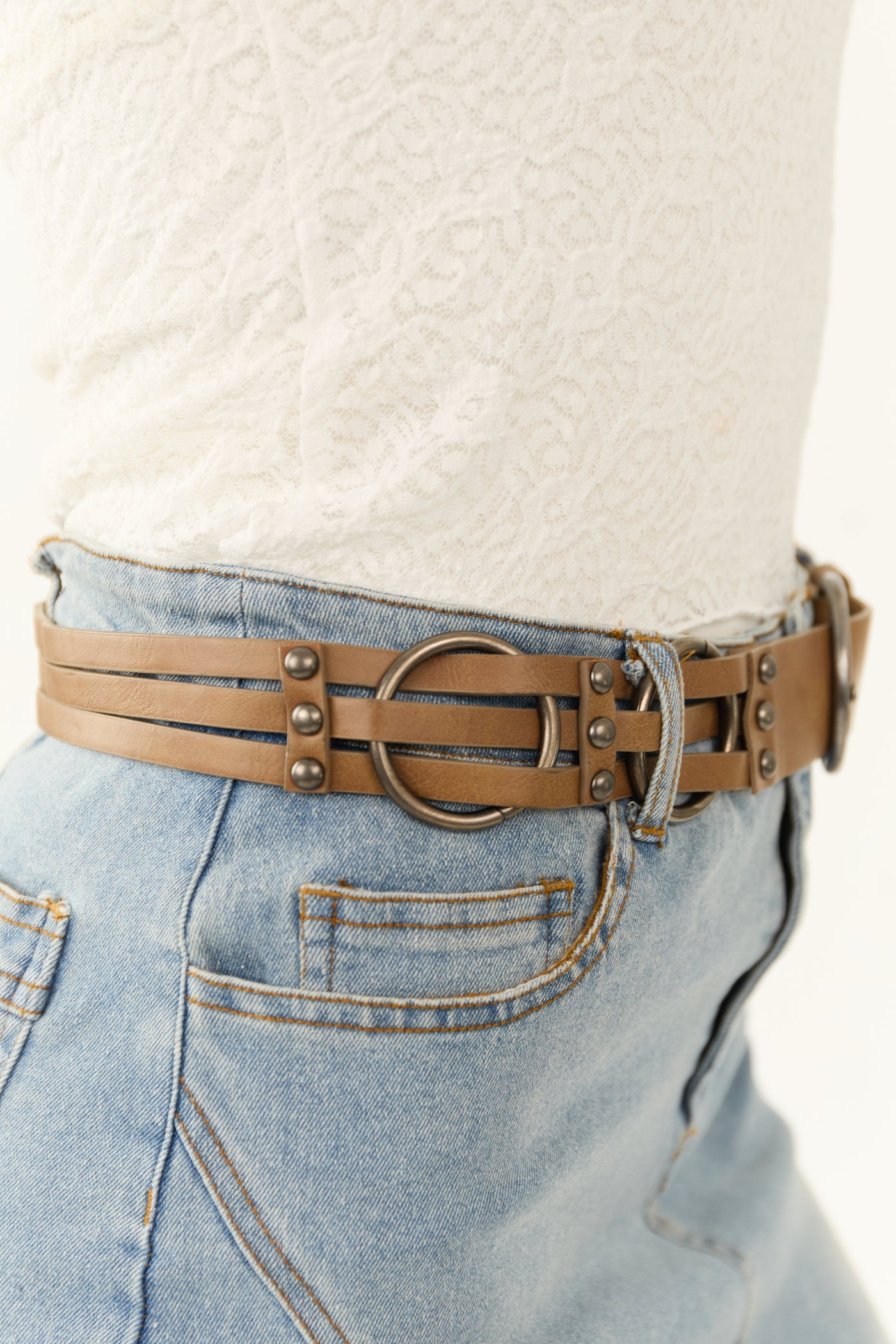 Peanut Layered Faux Leather Strand Studded Belt