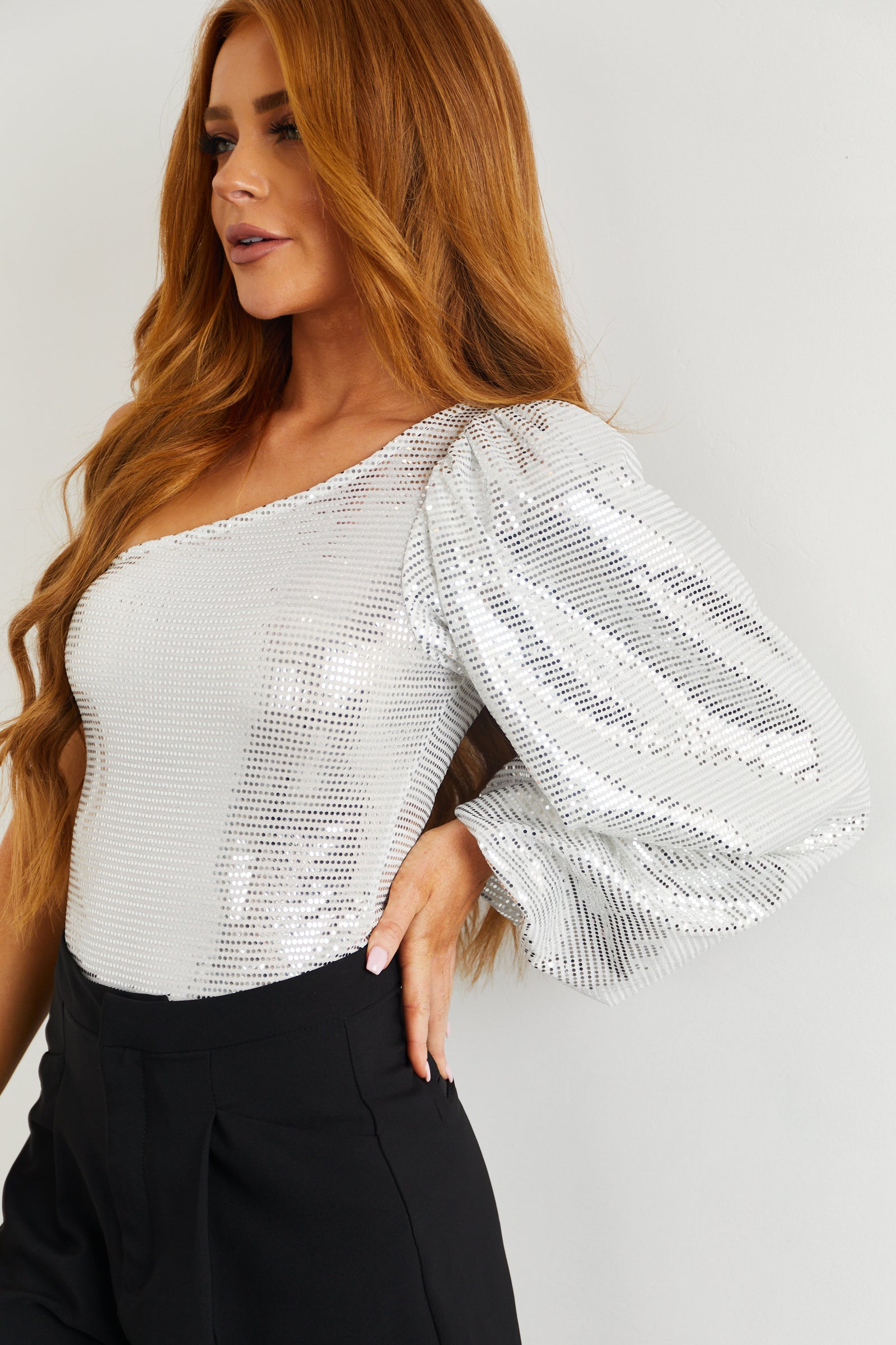 Pearl One Shoulder Sequined Bodysuit