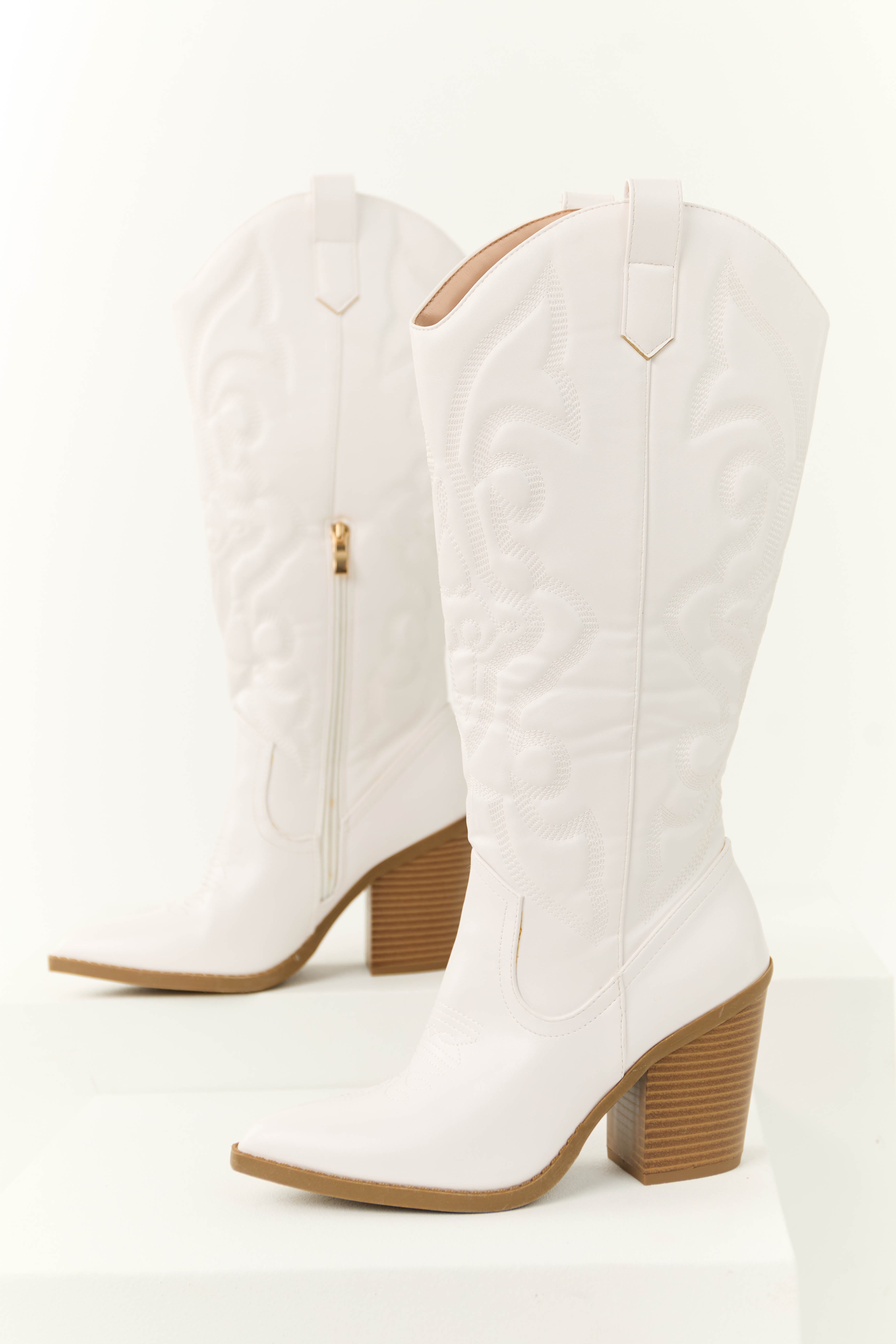 Pearl White Faux Leather Embroidered Western Boots