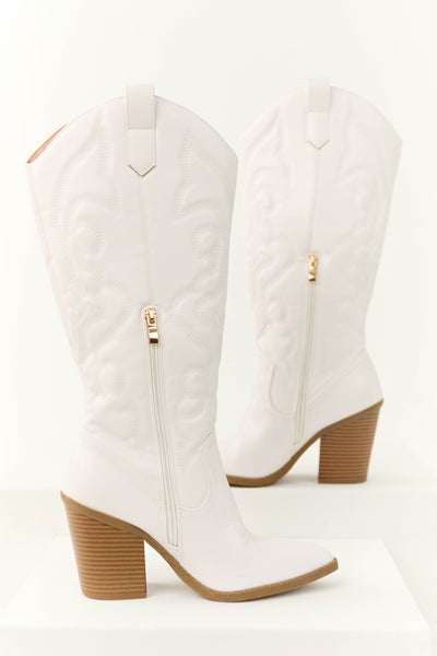 Pearl White Faux Leather Embroidered Western Boots