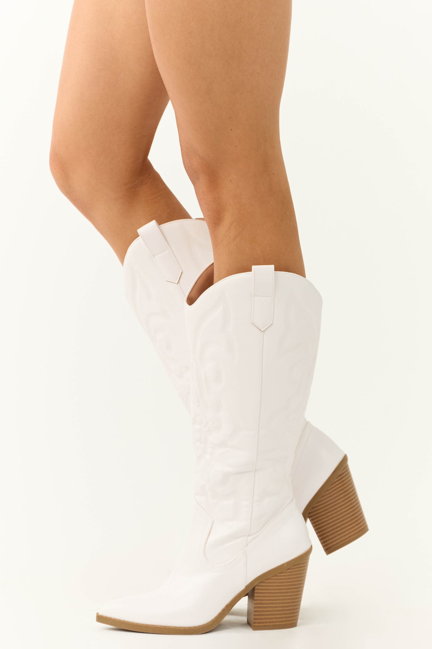 Pearl White Faux Leather Embroidered Western Boots