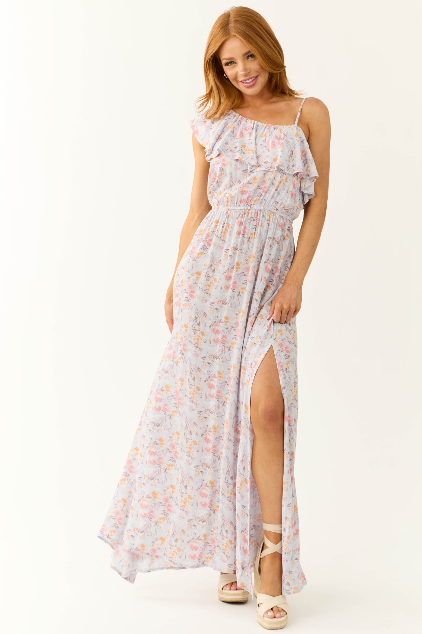 Periwinkle Floral One Shoulder Maxi Dress