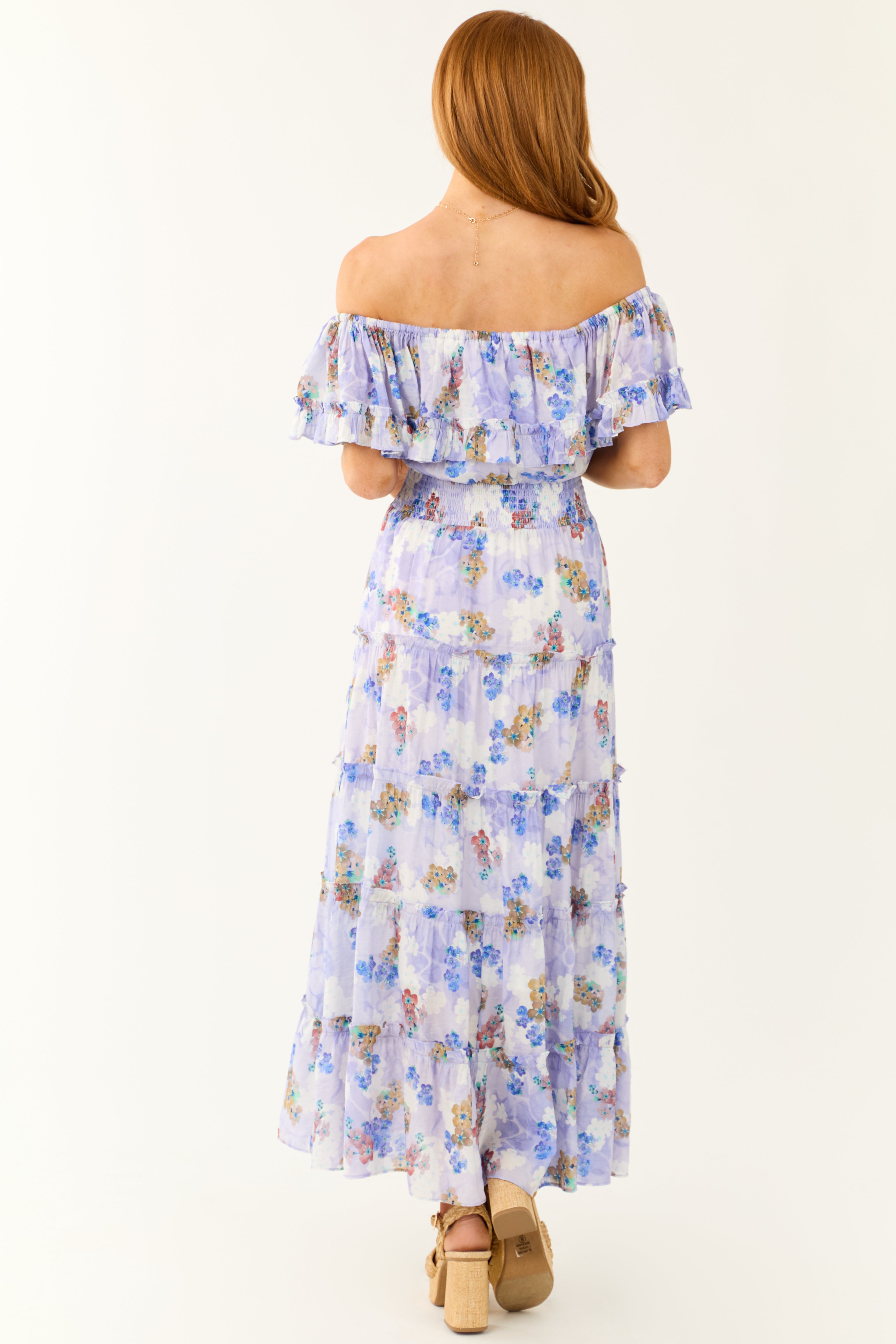 Periwinkle Floral Print Off Shoulder Maxi Dress