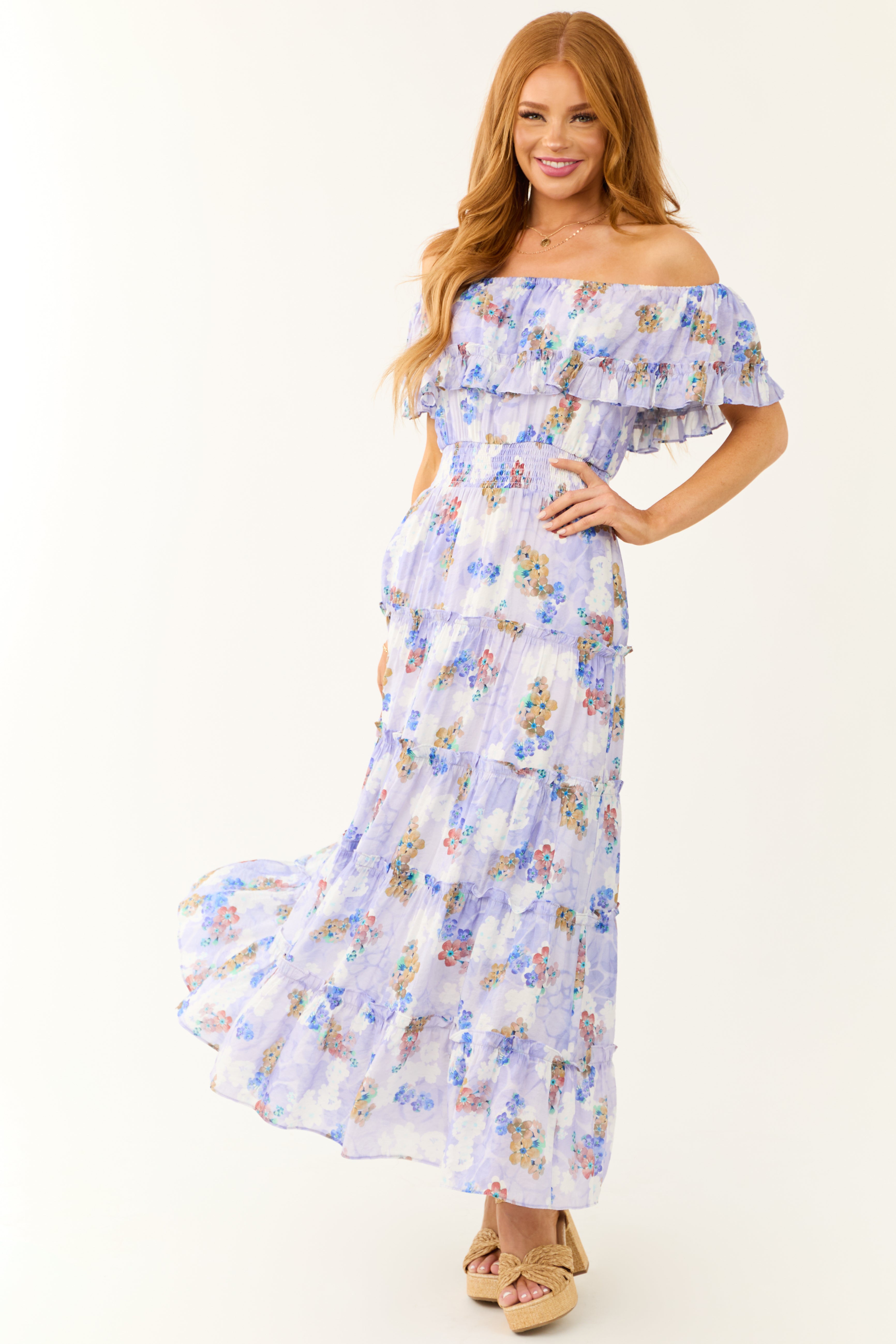 Periwinkle Floral Print Off Shoulder Maxi Dress