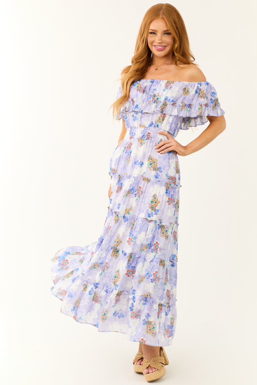 Periwinkle Floral Print Off Shoulder Maxi Dress