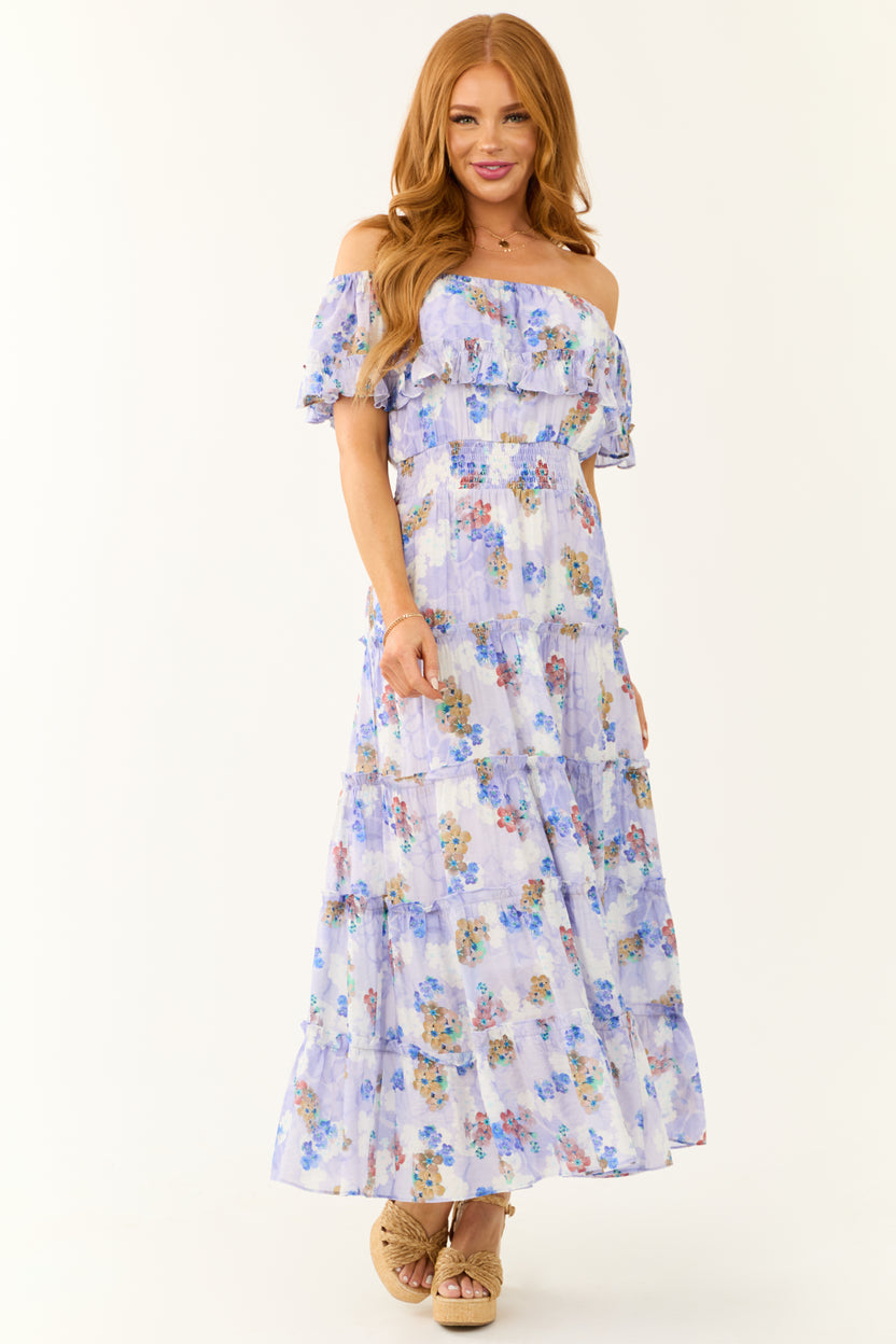 Periwinkle Floral Print Off Shoulder Maxi Dress