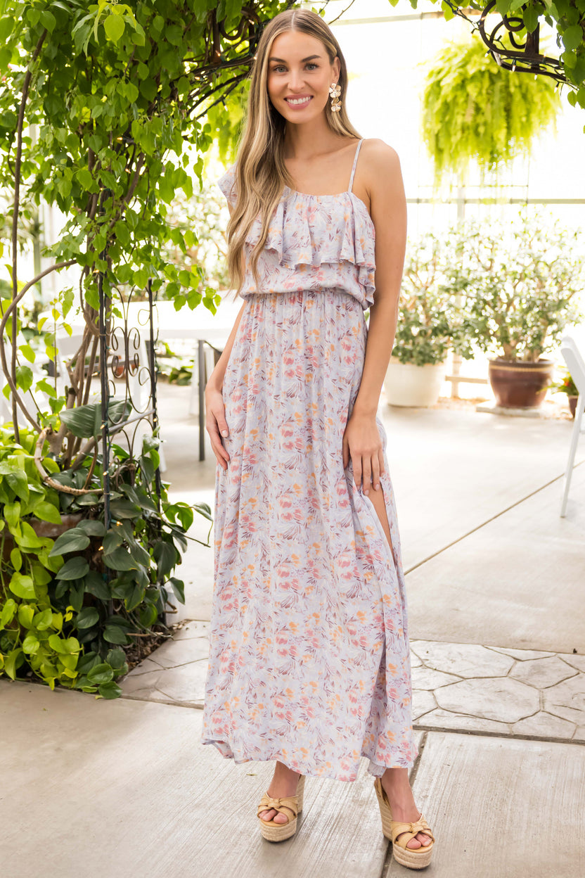 Periwinkle Floral One Shoulder Maxi Dress