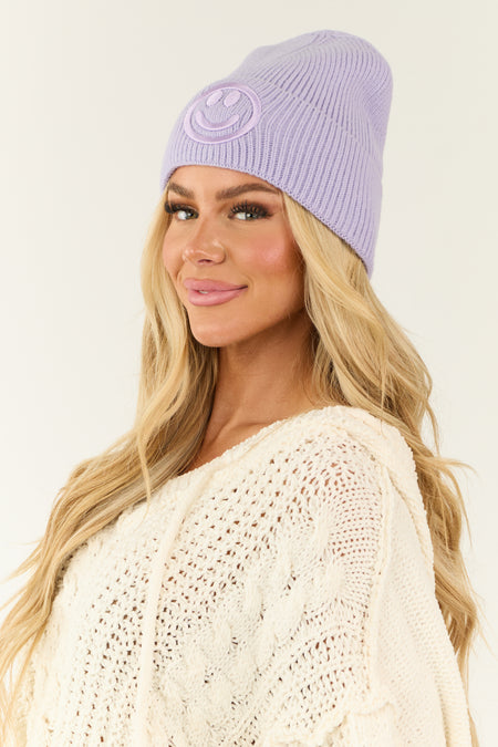 Periwinkle Smiley Face Embroidered Beanie